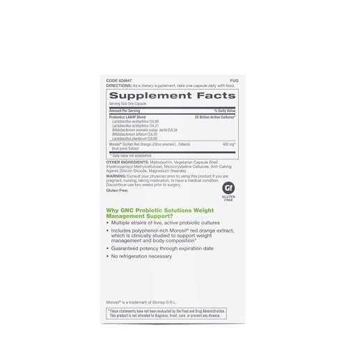 Probiotic Solutions Suporte para Gerenciamento de Peso com 25 Bilhões de UFCs | Contém Cepas de Probióticos Vivos e Ativos Estudadas Clinicamente, Vegetariano, Sem Glúten | 30 - GNC