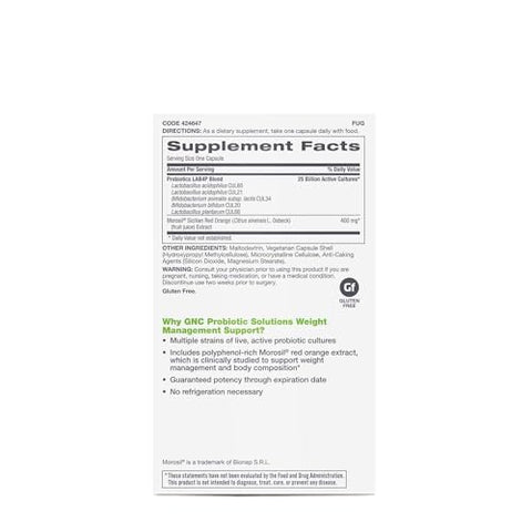 Probiotic Solutions Suporte para Gerenciamento de Peso com 25 Bilhões de UFCs | Contém Cepas de Probióticos Vivos e Ativos Estudadas Clinicamente, Vegetariano, Sem Glúten | 30 - GNC