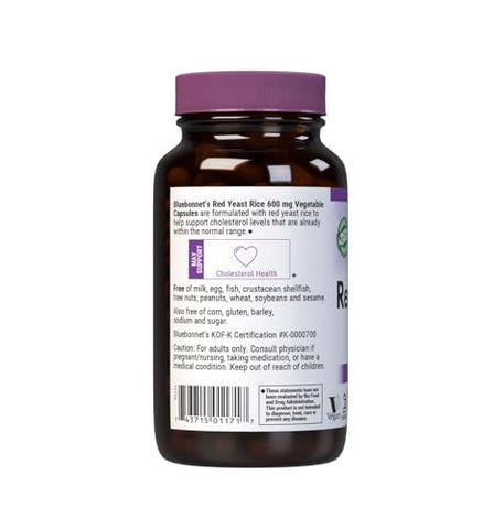 Nutrition Red Yeast Rice 600 mg – Saúde do Coração, Não-OGM, Vegano, Certificado Kosher, Sem Glúten, Sem Soja, Sem Laticínios – 120 Cápsulas Vegetais, 120 Porções - Bluebonnet