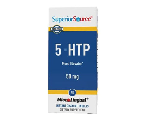 5-HTP 50 mg – Comprimidos MicroLingual de Dissolução Rápida, 60 un, Suporte Neurotransmissor, Promove Sono Repousante, Não-OGM - Superior Source