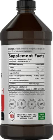 L-Carnitine Líquido 473 ml | 3000 mg | Sabor de Frutas Vermelhas | Fórmula Vegetariana | Suplemento Sem OGM e Sem Glúten - Horbäach