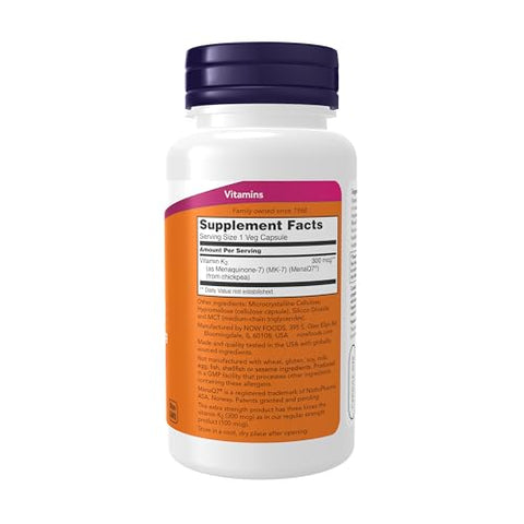 Suplementos, Vitamina K-2 MK-7 300 mcg, Suporte Cardiovascular, Saúde Óssea, 120 Cápsulas Vegetais - NOW Foods