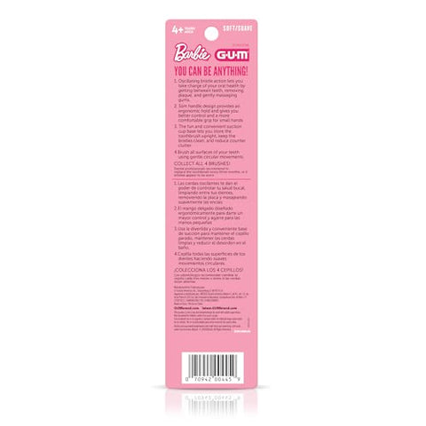 Escova de Dentes Elétrica GUM Barbie Kids com Base de Sucção para Saúde Oral e Remoção de Placa Dental, Idade 3+, 1 unidade (4 pacotes)