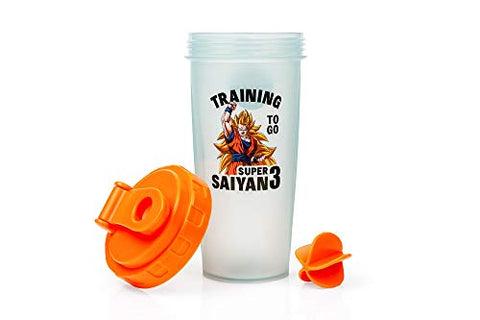 Garrafa Shaker Dragon Ball Z Super Saiyan Goku – 600ml Blender Bottle de Plástico Livre de BPA com Esfera Misturadora – Shake de Proteína, Substituto de Refeição, Mixer de Smoothie – Treino na Academia