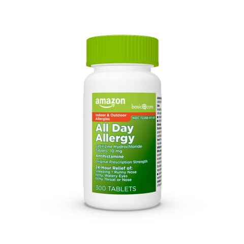 24 Horas Alívio de Alergia, Comprimidos de Cloridrato de Cetirizina, 10 mg, 300 Unidades - Amazon Basic Care
