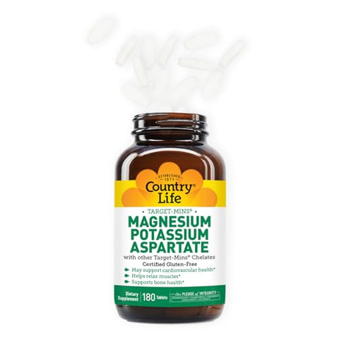 Suplemento de Magnésio e Potássio para Saúde do Coração, Suporte Cardiovascular, Sistema Imunológico e Saúde Óssea, Livre de Glúten - Country Life