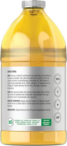 Óleo de Amêndoas Doces Horbäach 1892 ml | para Cabelo e Pele | Fórmula Pura e Hidratante | Óleo Veicular em Tamanho Grande | Vegano, Não-OGM, Cruelty Free