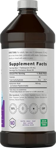 Suplemento de Ácido Hialurônico Líquido | 100 mg | 473 ml | Sabor de Frutas Vermelhas | Fórmula Livre de Transgênicos e Glúten - Horbäach