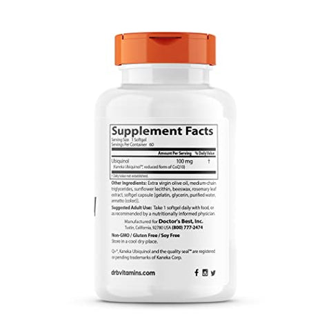 Doctor's BEST - Doctor’s Best Ubiquinol com Kaneka QH, Sem OGM, Sem Glúten, Sem Soja, Saúde do Coração, 100 mg, 60 Softgels