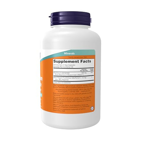 Suplementos, Magnésio Glicinato com BioPerine, 180 Cápsulas Vegetais - NOW Foods