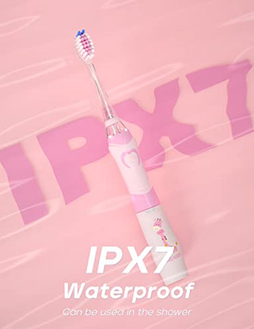 Escova de Dentes Elétrica SEAGO Kids com Temporizador de Escovação de 2 Minutos e 8 Cabeças de Escova Substituíveis, Luz LED Arco-Íris para Tornar a Escovação Divertida, Escova de Dentes Rosa a Pilha para Meninas de 4-12 Anos