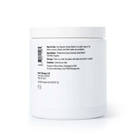 Cocoa Butter Organic Plant Therapy Raw, Certificado USDA, 16 oz Frasco Para Corpo e Rosto