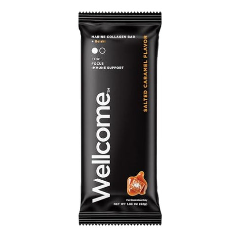 Barra de Proteína de Colágeno Marinho com Caramelo Salgado Wellcome e Cogumelo Reishi para Energia e Suporte Imunológico – Barra de Lanche Adaptogênica – Barra de Saúde Livre de Laticínios para Atividades Funcionais – 100g