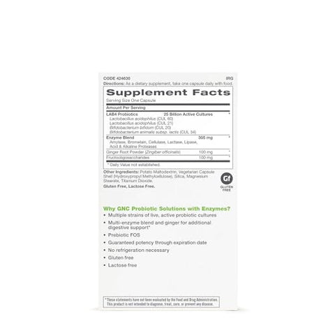 Probiotic Solutions com Enzimas – 25 Bilhões de UFCs, 30 Cápsulas, Suporte Diário Probiótico - GNC