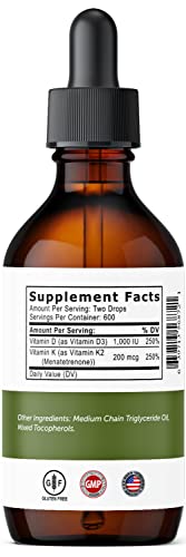 Ultra6 Nutrition - Gotas de Vitamina D e K2 – Vitamina D3 Líquida com Suplementos de K2 para Adultos e Crianças – Suplemento de Vitaminas D3/K2 para Absorção Suprema e Ossos Saudáveis – Fabricado nos EUA