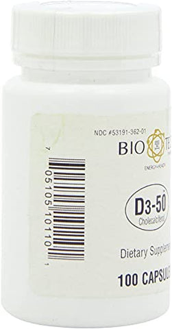 D3-50 50.000 UI, 100 Cápsulas – Suplemento Natural para Suporte Ósseo, Cardíaco e Neuromuscular - Bio-Tech Pharmacal