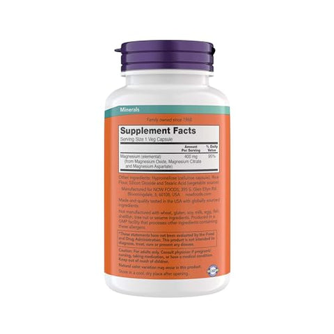NOW Foods - NOW Supplements Magnésio 400mg – Função Enzimática, Suporte ao Sistema Nervoso – Cápsulas de Magnésio para Homens e Mulheres, 360 Veg, Kosher, Vegano, Livre de Glúten