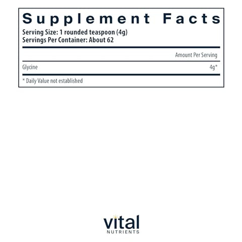 Glycine em Pó 250g | Aminoácido para Promover Sono Repousante, Alívio do Estresse, Memória e Suporte Cognitivo* | Suplemento Vegano de Glicina | Livre de Glúten, Laticínios e Soja - Vital Nutrients