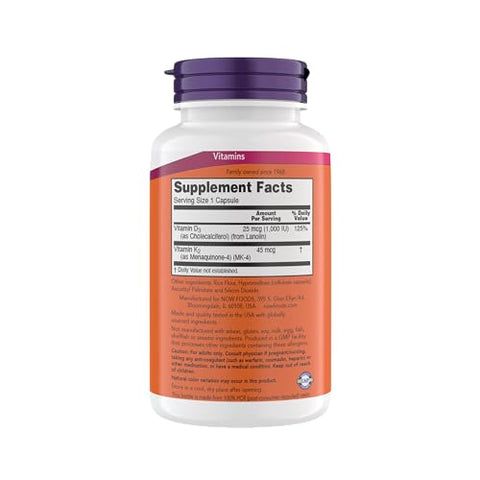 NOW Foods - Now Supplements Vitamina D3 K2, 1.000 UI/45 mcg, Suporte Cardiovascular, Saúde Óssea, 180 Cápsulas Vegetarianas – Vegano, Sem Glúten, Kosher D3 e K2 Supplements