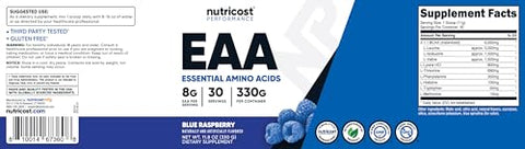 EAA Powder 30 Porções (Blue Raspberry) – Aminoácidos Essenciais – Livre de Transgênicos, Sem Glúten, Amigável para Vegetarianos - Nutricost