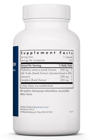 Suplemento de Cardo Mariano Plus para Apoio à Saúde do Fígado, Cardo Mariano, Dente-de-leão, Desintoxicação, Limpeza, Cápsulas Vegetarianas – 120 Unidades - Allergy Research Group