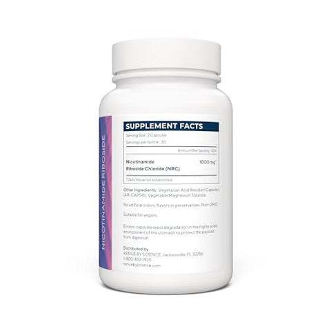 Renue By Science - RENUE by Science Nicotinamide Riboside | Suplemento de Alta Potência de NAD | 60 Cápsulas Entéricas de Nicotinamida – 1000mg de Nicotinamida Riboside por Porção | Fabricado no