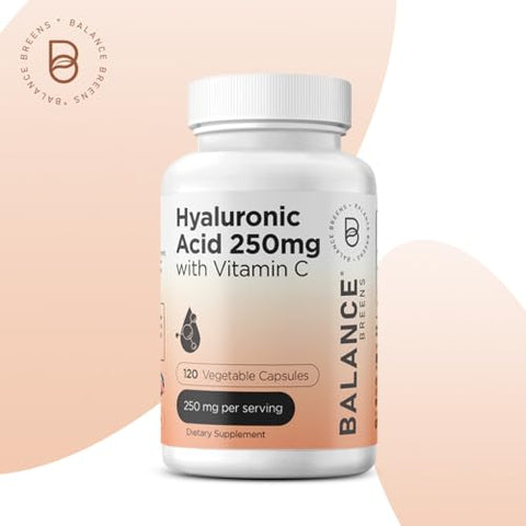 Balancebreens - Suplemento de Ácido Hialurônico Puro 250mg com Vitamina C 50mg – 120 Cápsulas Veganas – Hidratação da Pele para um Brilho Natural – Suplemento Puro de AH com Cabelos, Unhas e Ossos