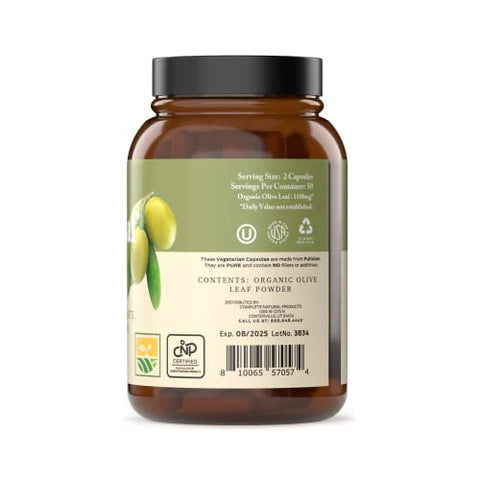 Complete Natural Products - Cápsulas de Folha de Oliveira Orgânica – 550mg, 100 Unidades, 1100mg por Porção