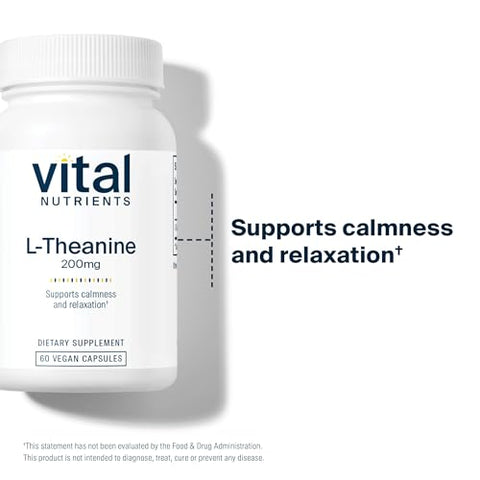 L-Theanine 200mg | Suplemento Vegano | Suporte para Níveis Normais de Estresse e Função Cognitiva* | Livre de Glúten, Laticínios e Soja | 60 Cápsulas - Vital Nutrients