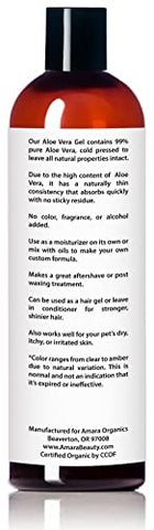 Amara Beauty - Gel de Aloe Vera Orgânico USDA – Rosto, Corpo, Cabelo – 100% Puro, Cuidados Pós-Sol
