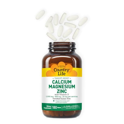 Calcium Magnesium Zinc com Vitamina D3 e Ácido L-Glutâmico, Suplemento Dietético para Suporte Ósseo, Certificado Livre de Glúten e Vegano, 1000mg/500mg/25mg, 180 Comprimidos - Country Life