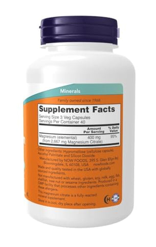Suplementos, Citrato de Magnésio, Função Enzimática, Suporte ao Sistema Nervoso, 240 Cápsulas Vegetais - NOW Foods