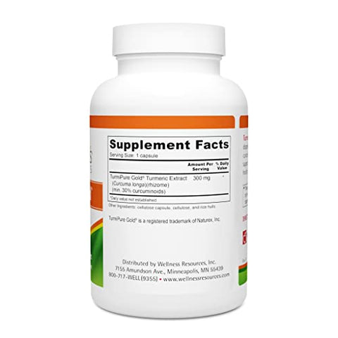 Wellness Resources - Turmeric Gold Caps com Extrato de Cúrcuma TurmiPure – Maior Biodisponibilidade de Curcuminoides (90 Cápsulas) – Não-OGM, Vegano, Livre de Glúten – Marca Turmeric Gold Caps