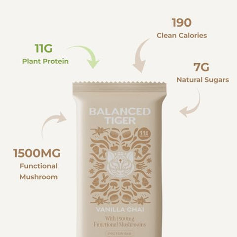 Balanced Tiger - Barras de Proteína Orgânica de Cogumelo Funcional | Full Dose (1500mg) Leão da Montanha, Chaga, Reishi | 100% Natural