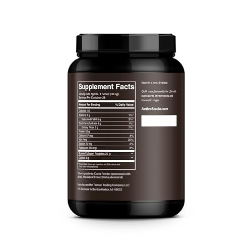 Active Stacks - Pó de Proteína de Colágeno Peptídeos, Chocolate – Suporta Cabelos, Pele, Ossos e Articulações Saudáveis para Homens e Mulheres – Tipo 1 Fácil de Misturar