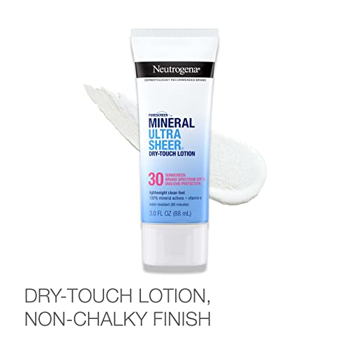 Protetor Solar Neutrogena Mineral UltraSheer Dry-Touch FPS 30, Resistente à Água, Proteção UVA/UVB de Amplo Espectro, Nutrição da Pele, Leve com Vitamina E, Livre de Oxybenzone, 50g