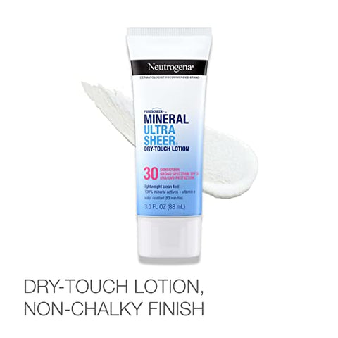 Protetor Solar Neutrogena Mineral UltraSheer Dry-Touch FPS 30, Resistente à Água, Proteção UVA/UVB de Amplo Espectro, Nutrição da Pele, Leve com Vitamina E, Livre de Oxybenzone, 50g