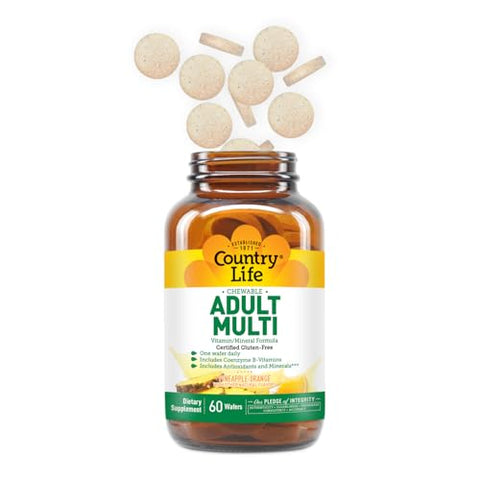 Multivitamínico Mastigável para Adultos Country Life com Coenzima B-Vitaminas, Antioxidantes, Minerais, Sabor Abacaxi-Laranja – Suporta Metabolismo Energético e Saúde Imunológica, Livre de Glúten – 60 comprimidos