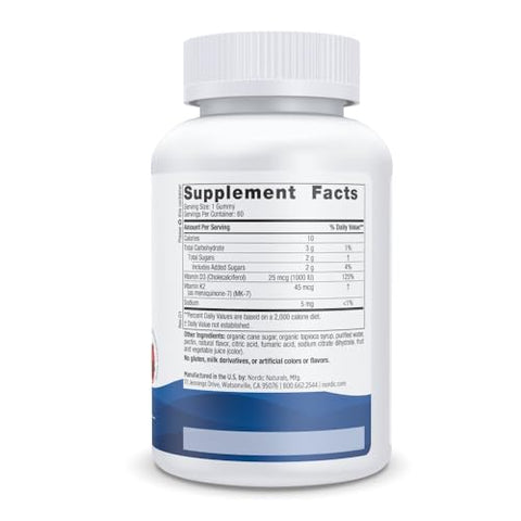 Gummies Vitamina D3 K2, Romã – 60 Gummies – 1000 UI Vitamina D3 45 mcg Vitamina K2 – Sabor Delicioso – Saúde Óssea, Promove Função Muscular Saudável - Nordic Naturals