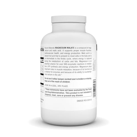 Magnesium Malate 3750 mg por Porção – para Produção de Energia – 360 Comprimidos - Source Naturals
