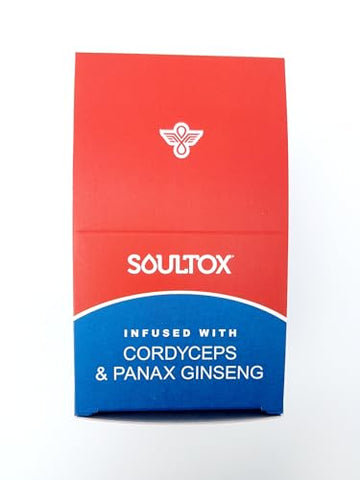 Lucky Soul - Soultox Energy Gummies de Cogumelo de Morango – Fórmula Vegana com Ginseng, Cordyceps, Cafeína, Vitamina B12 – Aumenta a Energia e a Função Cognitiva – Ingredientes Naturais – 10 Pacotes