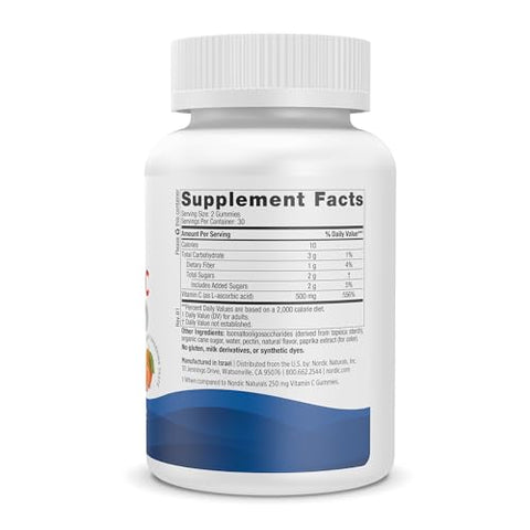 Gummies de Vitamina C Extra Forte – Sabor Tangerina – 60 Gummies – 500 mg Vegan Vitamina C – Gummies de Suporte Imunológico com Baixo Teor de Açúcar – 30 Porções - Nordic Naturals