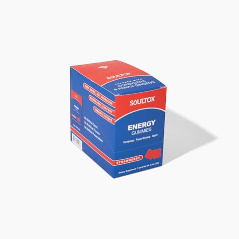 Lucky Soul - Soultox Energy Gummies de Cogumelo de Morango – Fórmula Vegana com Ginseng, Cordyceps, Cafeína, Vitamina B12 – Aumenta a Energia e a Função Cognitiva – Ingredientes Naturais – 10 Pacotes