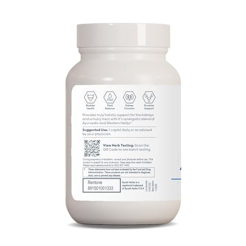 Rentone: Suplemento Ayurvédico para Trato Urinário e Suporte Renal, Mistura de Ervas e Minerais Naturais com Cranberry, Vitamina B6, Tribulus e Manjericão Sagrado, 90 cápsulas - Ayush Herbs