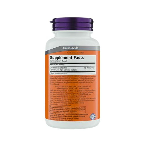 NOW Foods - Now Supplements L-Carnitine 1000mg – 150 Comprimidos, Tamanho Econômico, Suporta o Crescimento Muscular Magro, Carnipure, Não-OGM, Kosher, Ideal para Veganos, Atletas e Suporte Energético