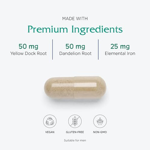 Iron Extra: Suplemento de Ferro com Absorção Aprimorada, Vitamina C 500mg, Metilfolato 400mcg, Vitamina B12 500mcg, Cálcio, Erva-dos-docks, Raiz de Dente-de-leão - Vitanica