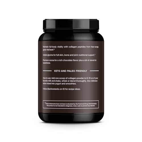 Active Stacks - Pó de Proteína de Colágeno Peptídeos, Chocolate – Suporta Cabelos, Pele, Ossos e Articulações Saudáveis para Homens e Mulheres – Tipo 1 Fácil de Misturar