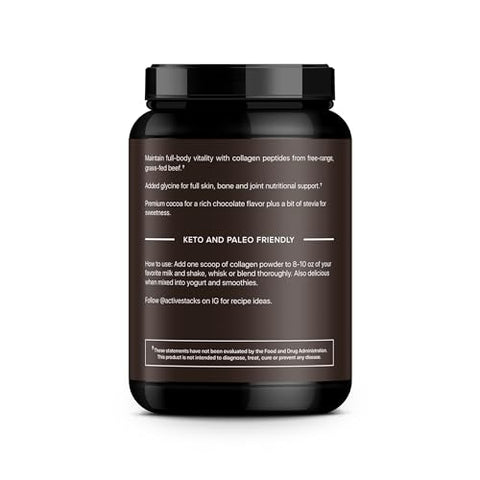 Active Stacks - Pó de Proteína de Colágeno Peptídeos, Chocolate – Suporta Cabelos, Pele, Ossos e Articulações Saudáveis para Homens e Mulheres – Tipo 1 Fácil de Misturar