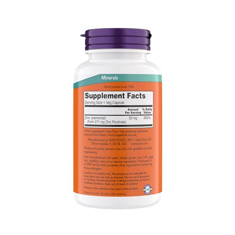 NOW Foods - Now Supplements, Zinco Picolinato 50 mg, Suporte às Funções Enzimáticas, Suporte Imunológico, Não-OGM, Kosher, Adequado para Veganos – 240 Cápsulas Vegetarianas (Pacote de 1)