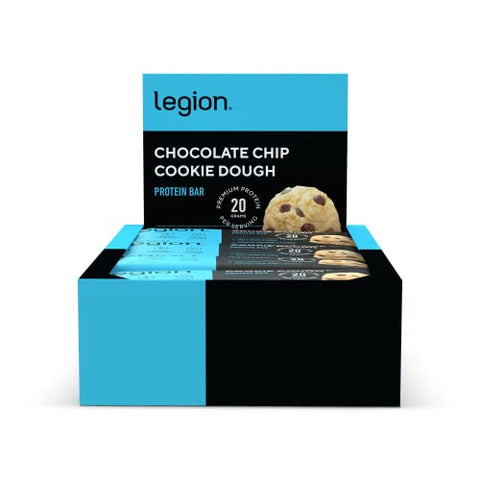 LEGION - Barra de Proteína Legion Chocolate Chip Cookie Dough – Baixo teor de açúcar, alta em proteínas com fibra prebiótica – Livre de soja, sem glúten, sabor natural, baixo teor de gordura, alta em proteínas
